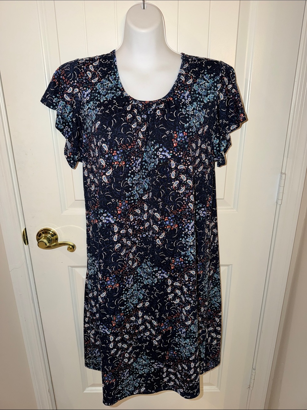 Navy Floral Print Short Sleeve Midi Dress